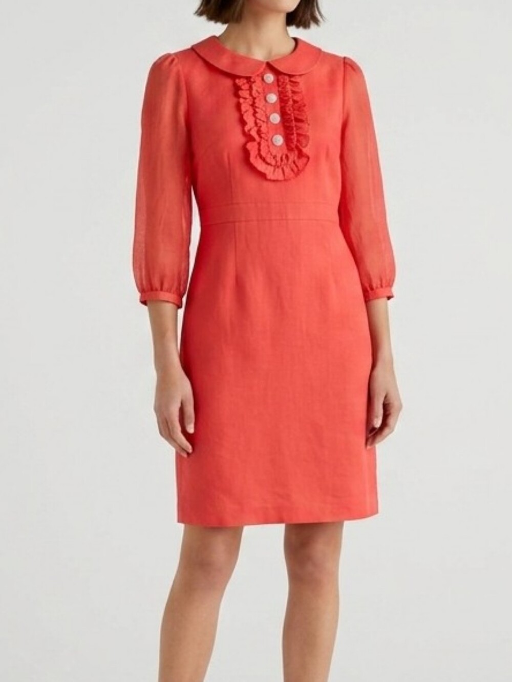 Boden Limited Edition Coral Red Silk Linen Dress Beaded Ruffle, Size 8